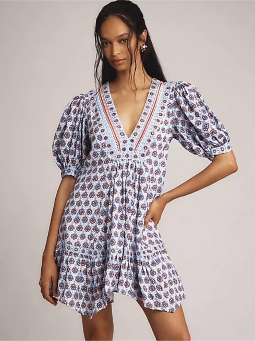 Anthropologie Maeve Puff Sleeve Vneck Mini Dress